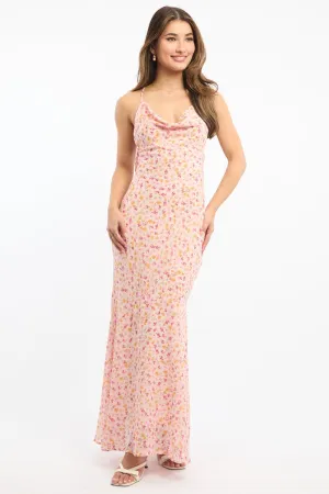 spring fresh Boat Neck Pink Ditsy Maxi Dress Cowl Neck