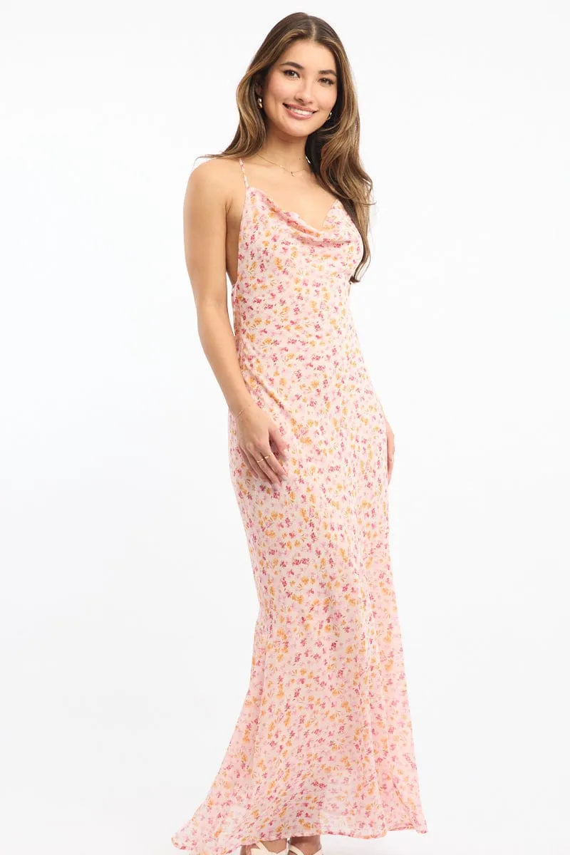 Evening Mist Wave Crest Pink Ditsy Maxi Dress Cowl Neck