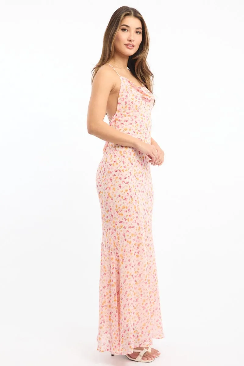 Pink Ditsy Maxi Dress Cowl Neck Topaz Shine Ruby Glow