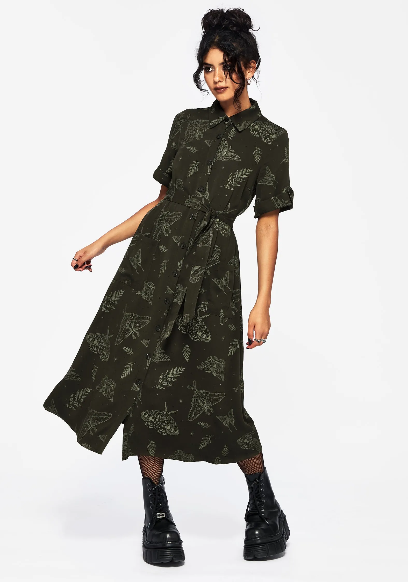 Callopistria Moth Print Midi Shirt Dress - Green Self Love