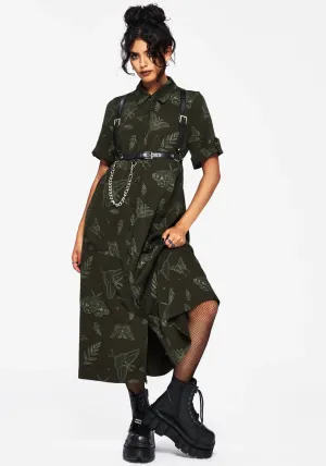 trendy details Gold Hour Callopistria Moth Print Midi Shirt Dress - Green