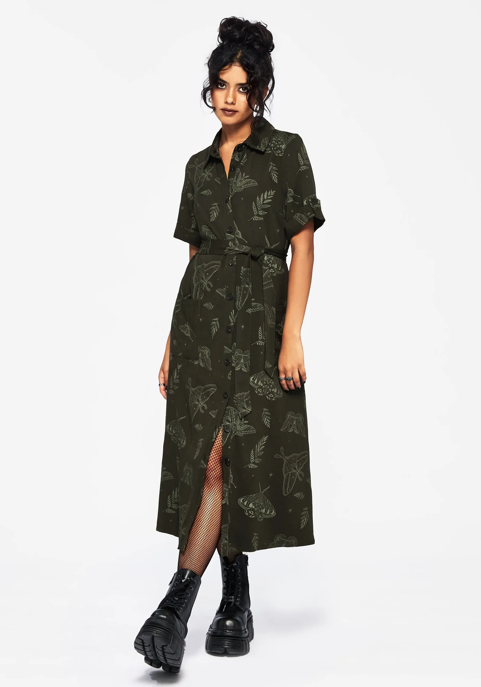 Form Hugging Petal Drift Callopistria Moth Print Midi Shirt Dress - Green