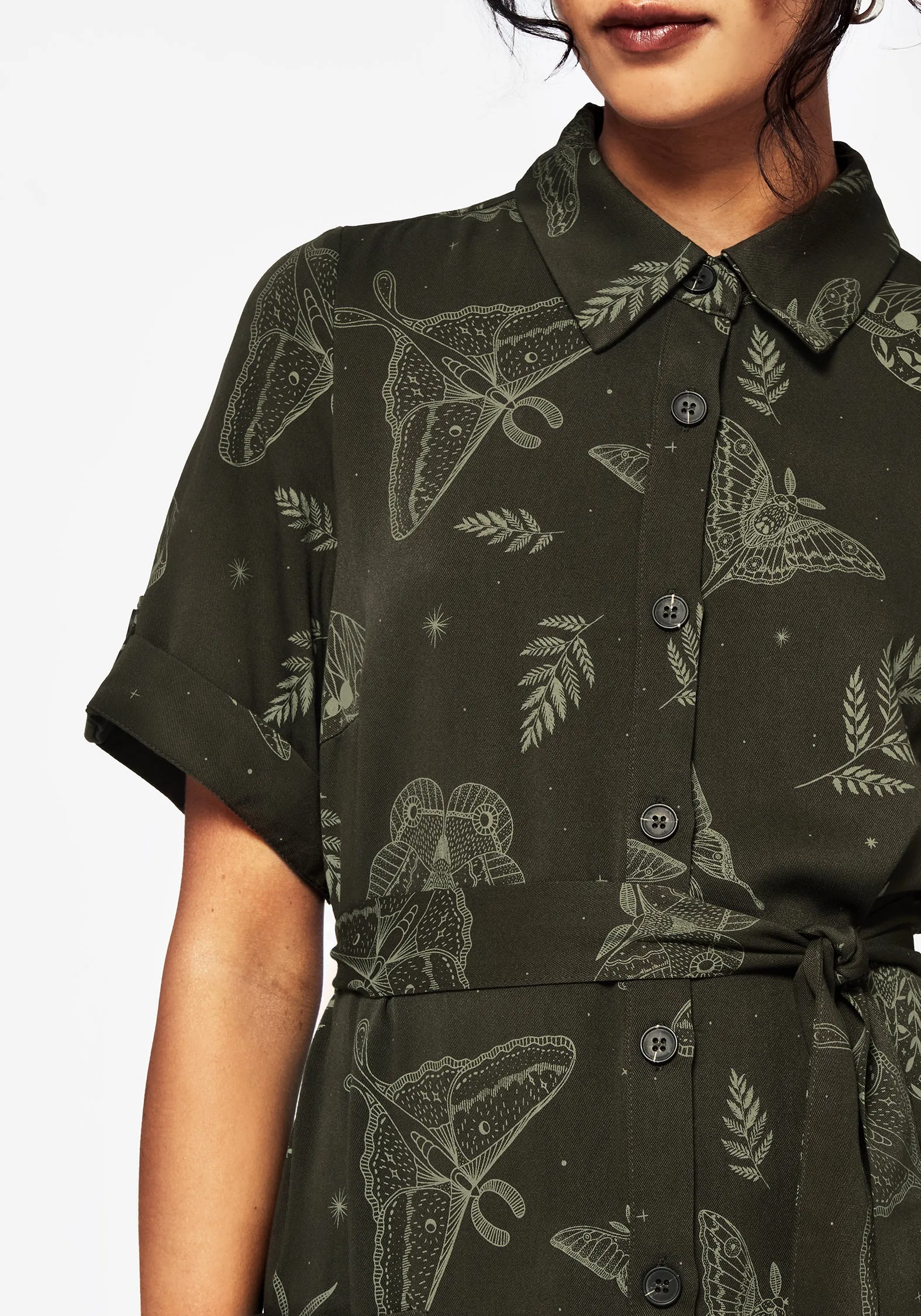 Callopistria Moth Print Midi Shirt Dress - Green Low Maintenance
