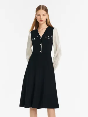 Sun shield Knitted Patchwork V-Neck Women Midi Dress