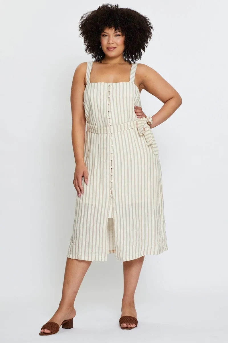 Stripe Midi Dress Square Neck Sleeveless Elegant fit-and-flare dress
