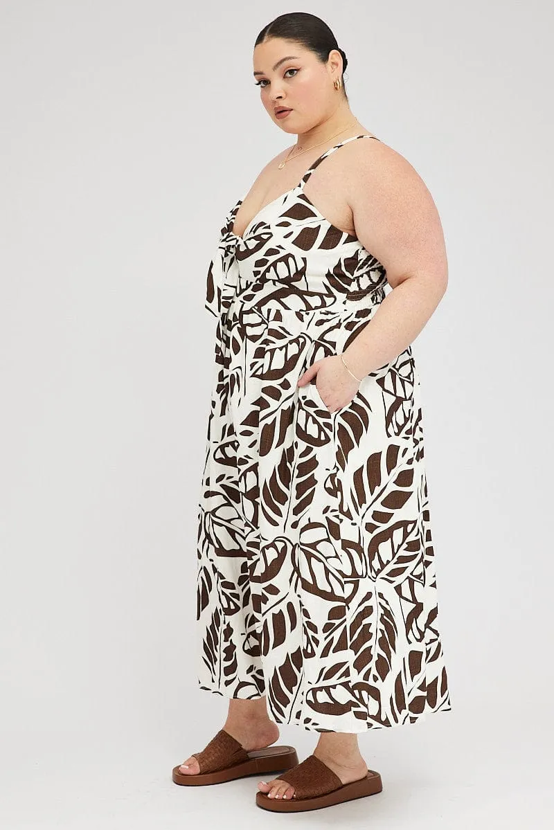 Brown Floral Midi Dress Linen Blend Sleeveless Pocket Front Comfortable fit