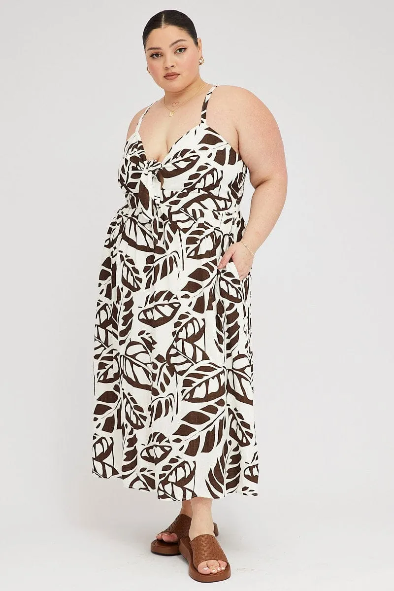 Brown Floral Midi Dress Linen Blend Sleeveless Pocket Front Soft Rebellion Smart Appearance