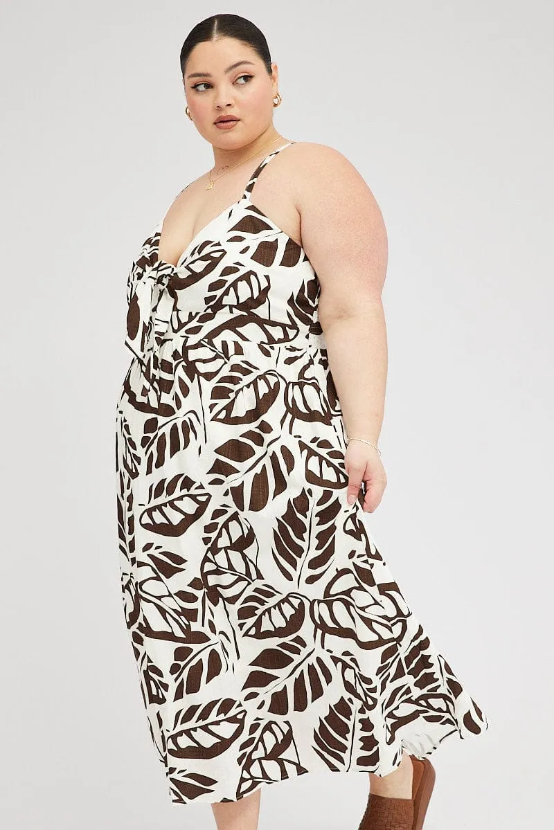 Trendy casual event dress Brown Floral Midi Dress Linen Blend Sleeveless Pocket Front
