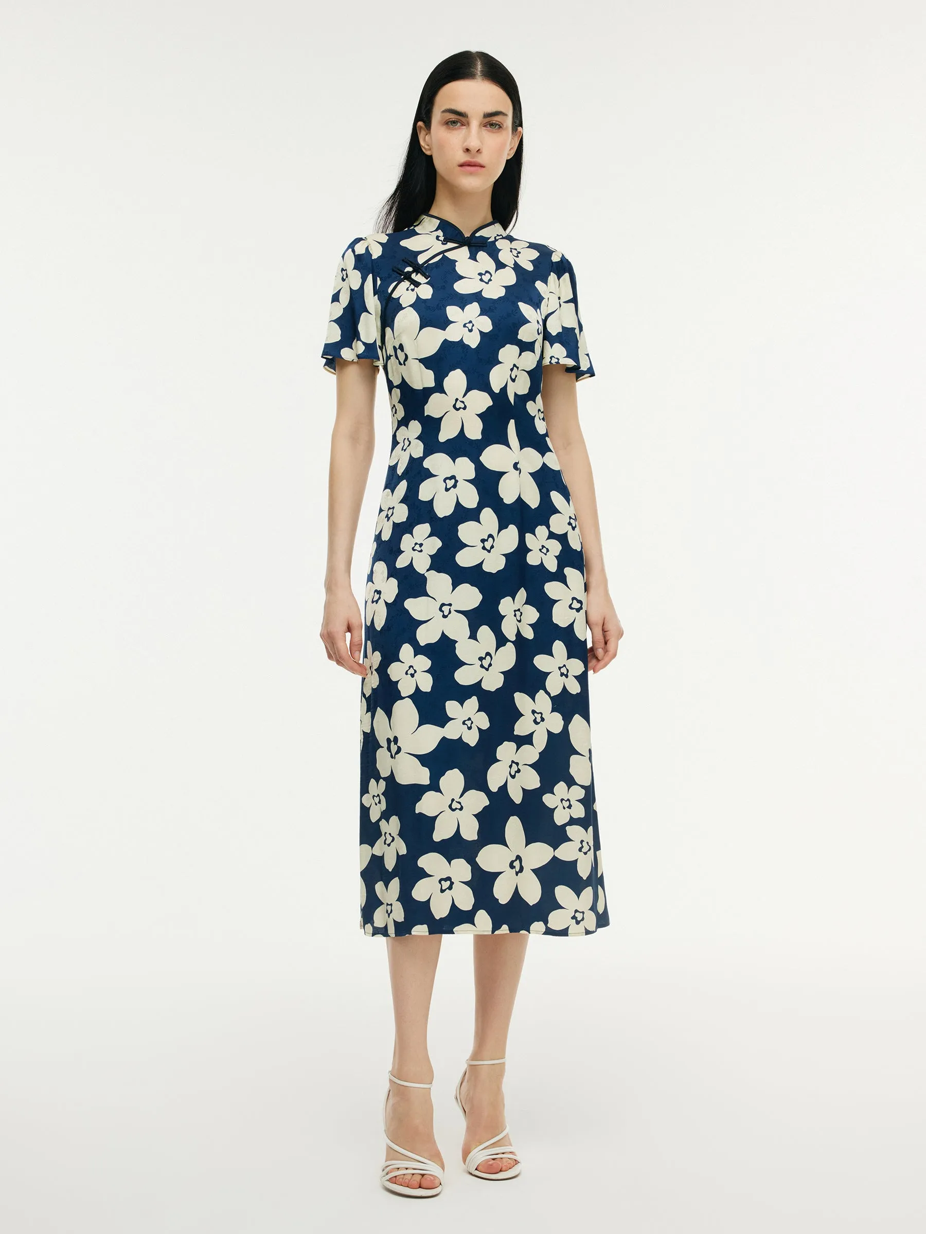 Floral Print Ruffle Sleeve Women Qipao Midi Dress Timeless silhouette