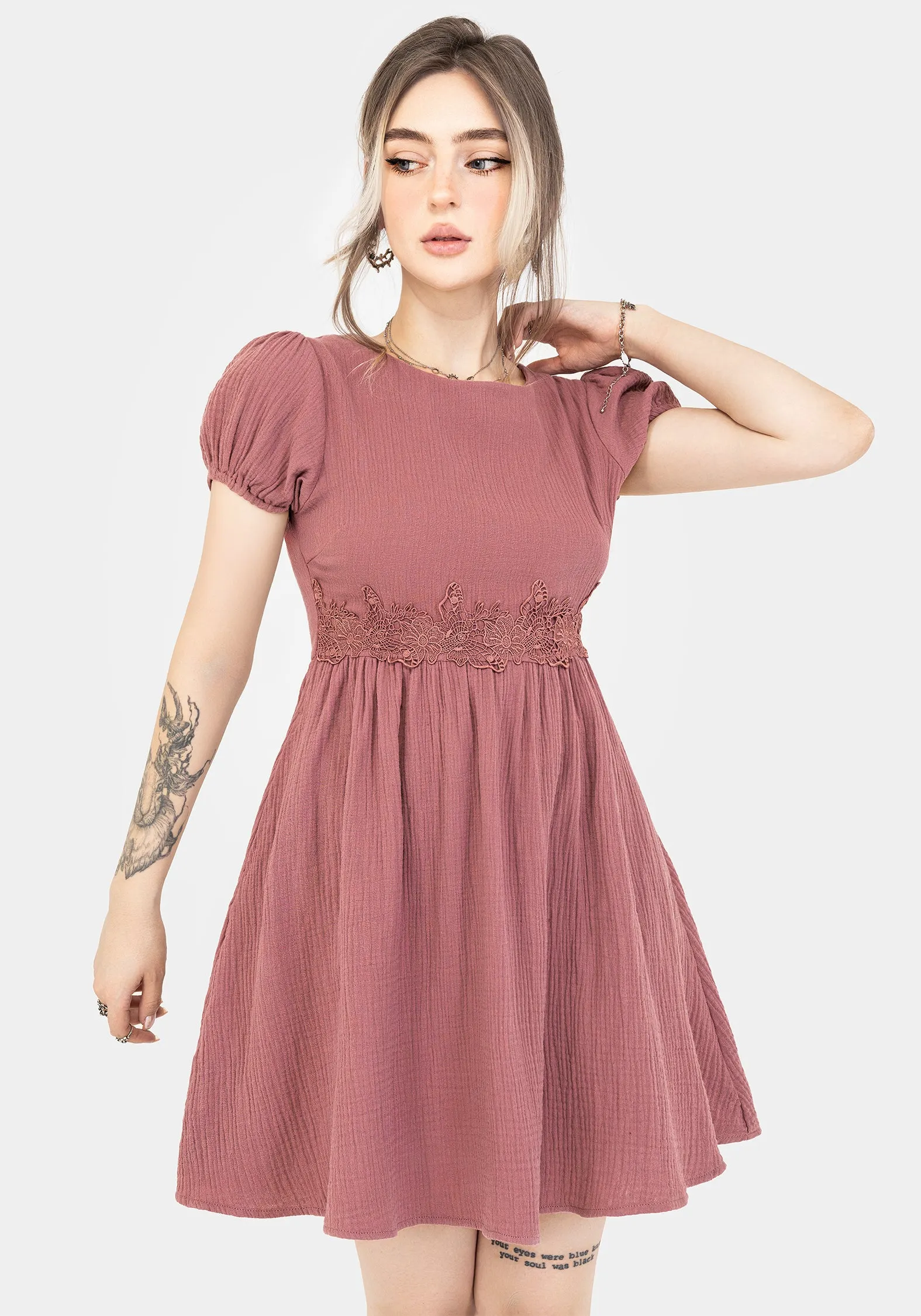 Rosamoth Applique Trim Cotton Mini Smock Dress Modern mini dress with sleeves Bohemian style