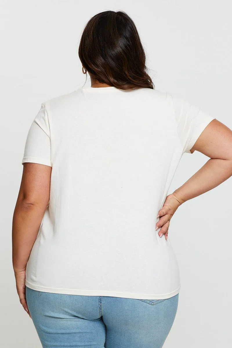 Stylish Look Beige Graphic T-shirt Miami Crew Neck Short Sleeve