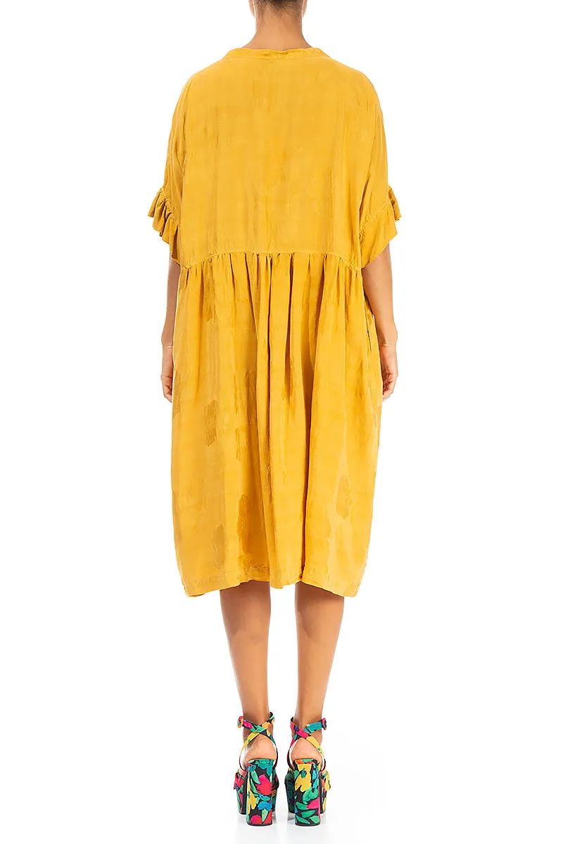 Ruffled Flower Pattern Gold Silk Dress Trendy sneakers