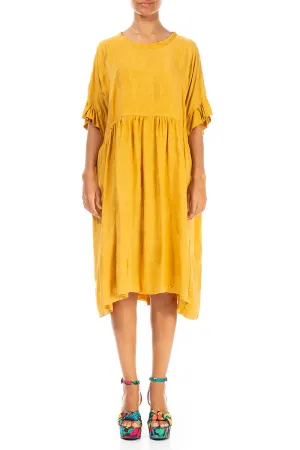 Polish Glow Modern Chic Ruffled Flower Pattern Gold Silk Dress