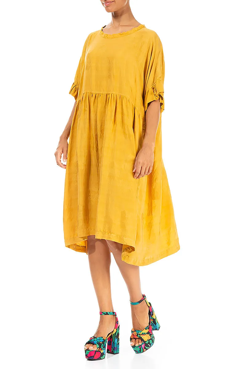 Ruffled Flower Pattern Gold Silk Dress Rich Tone