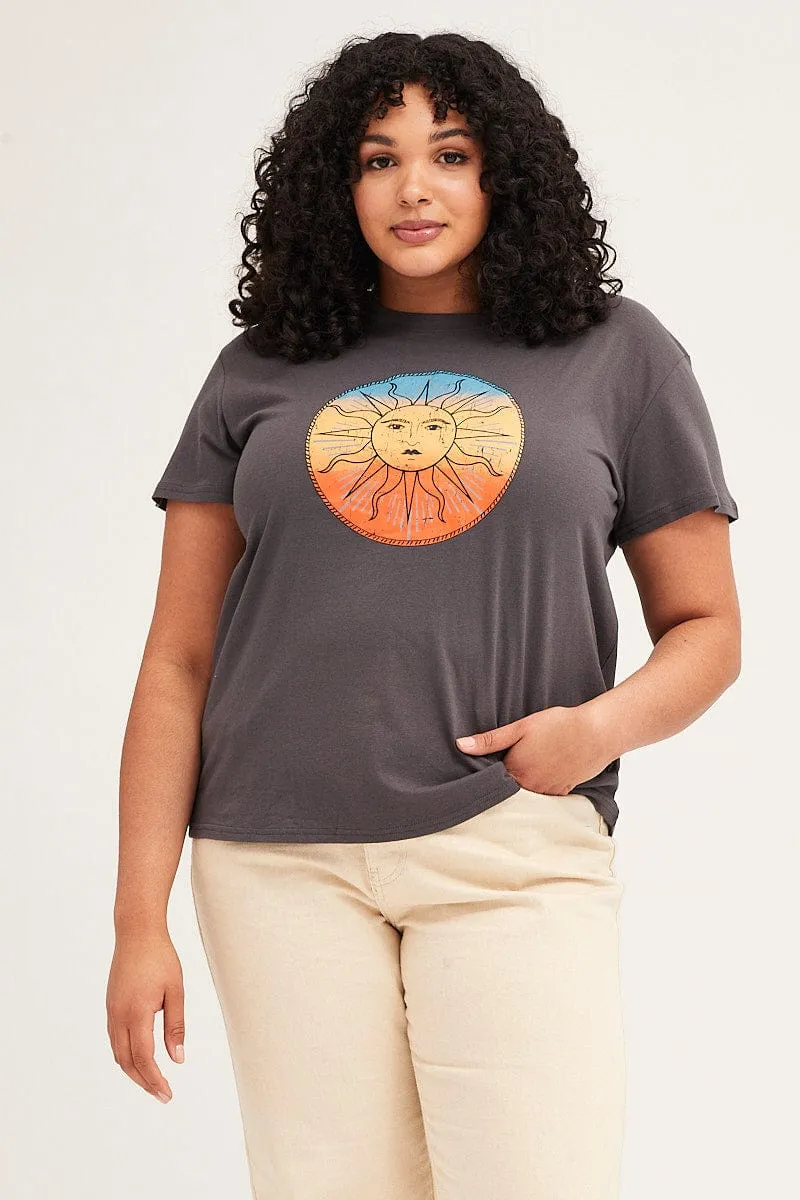 Grey Short Sleeve Abstract Sun Print T-shirt Layering Options Heather Jersey Material