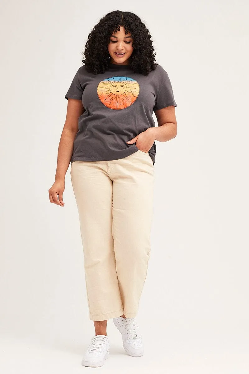 Easygoing Wear Grey Short Sleeve Abstract Sun Print T-shirt