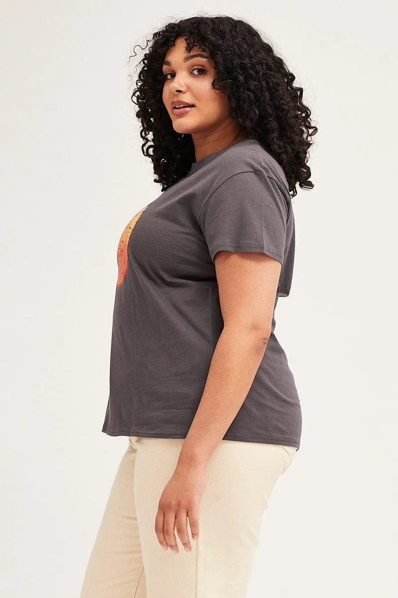Grey Short Sleeve Abstract Sun Print T-shirt Simple and Comfortable Weekend Comfort Wear