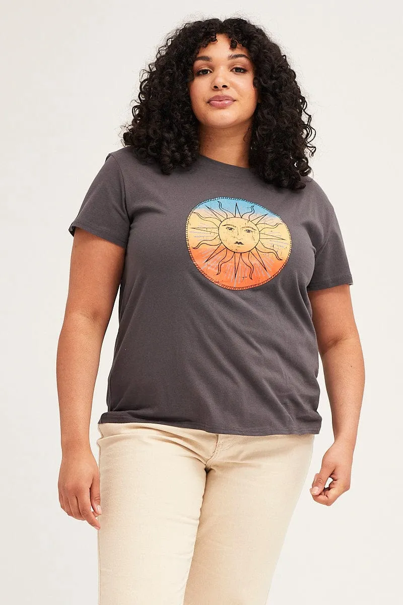 Comfortable apparel Grey Short Sleeve Abstract Sun Print T-shirt