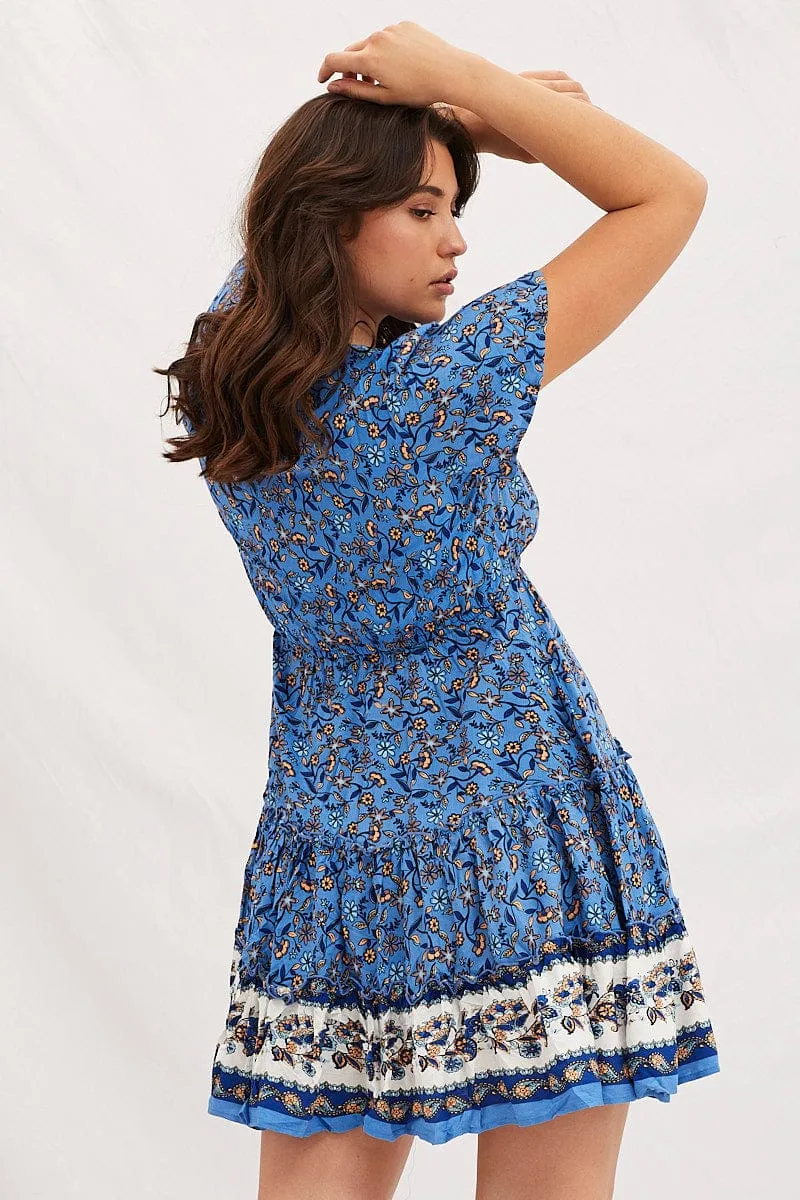 Athletic Wear Boho Print V-Neck Short Sleeve Mini Skater Dress