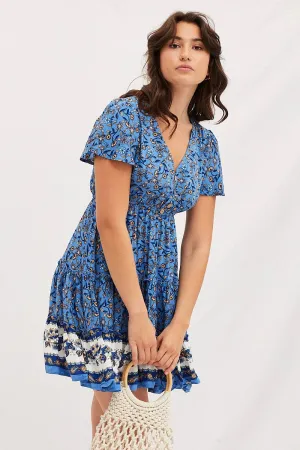 Vented Panels AntiPillFinish Boho Print V-Neck Short Sleeve Mini Skater Dress