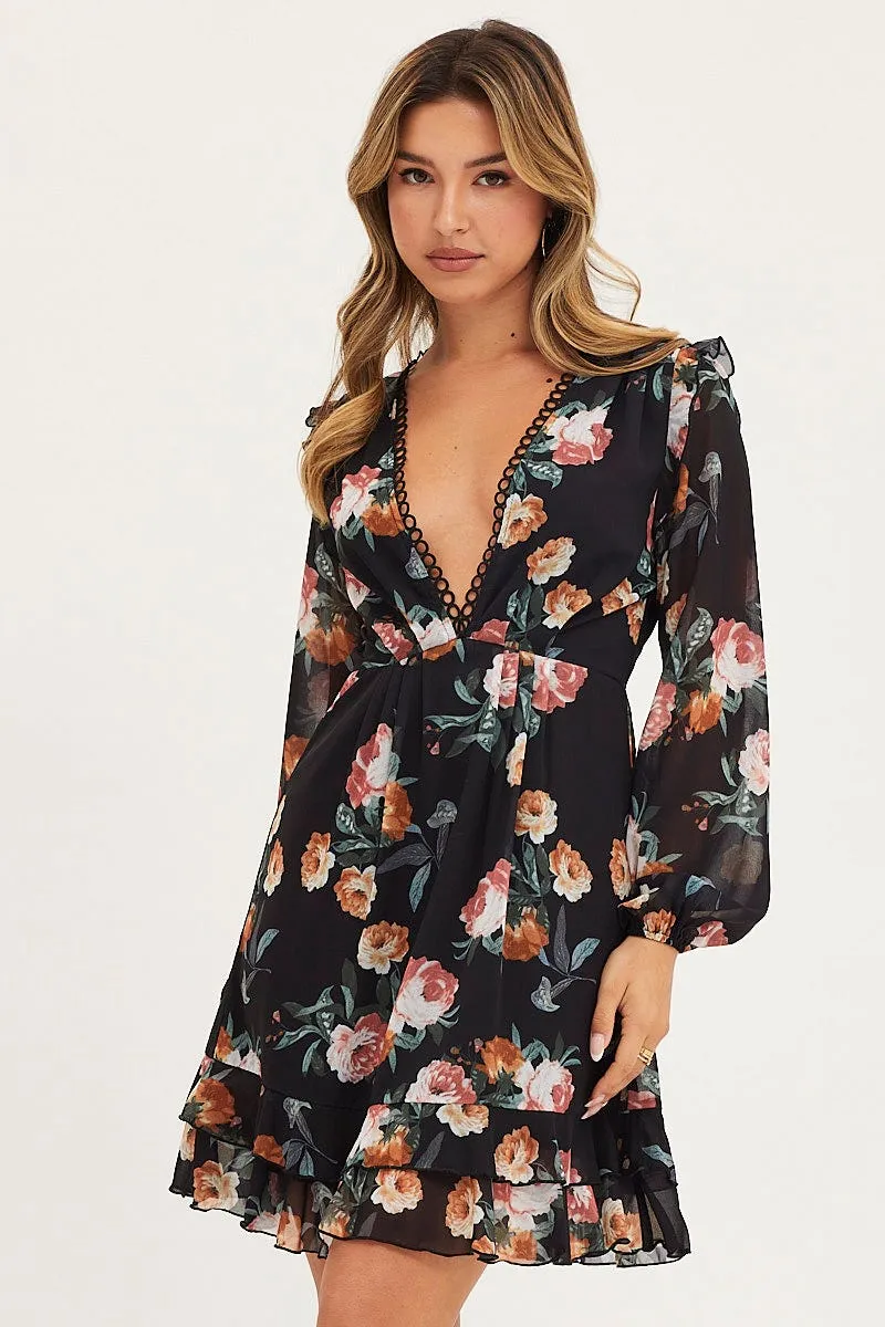 Print Dress Long Sleeve Mini Reinforced Hem