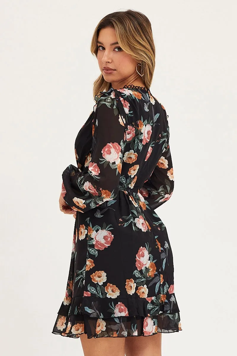 Print Dress Long Sleeve Mini Sky Cool