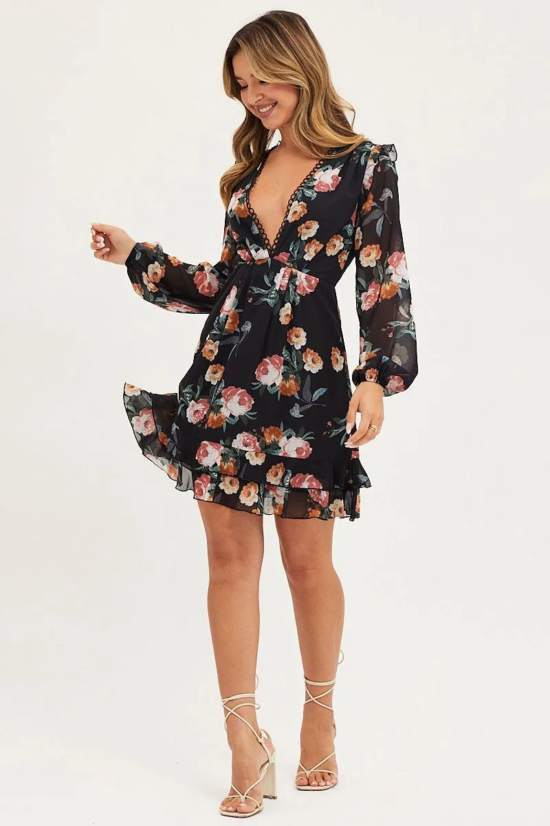 Print Dress Long Sleeve Mini Fire Core
