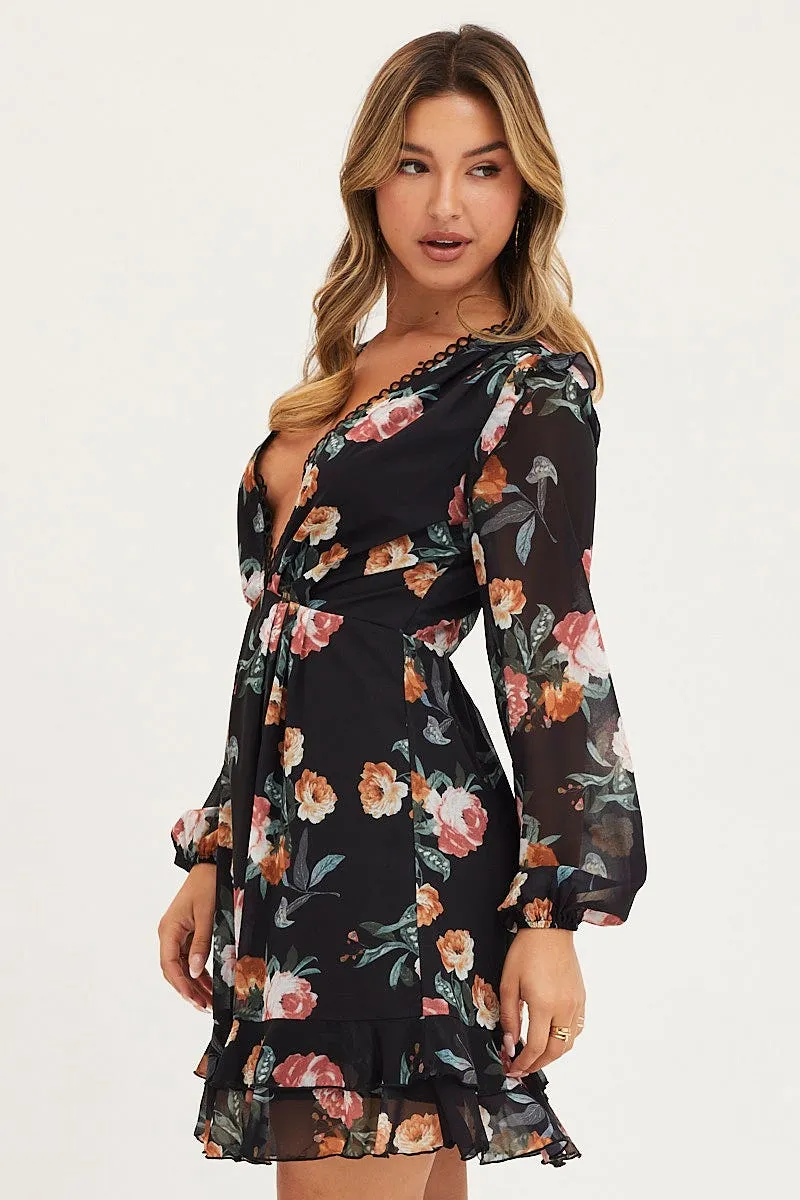Print Dress Long Sleeve Mini Cozy Layers Sharp Look