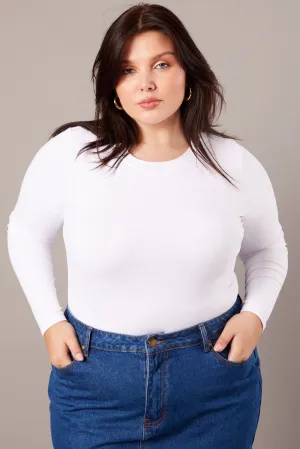 White Bodysuit Long Sleeve Crew Neck Supersoft FourWay Stretch Relaxed Look