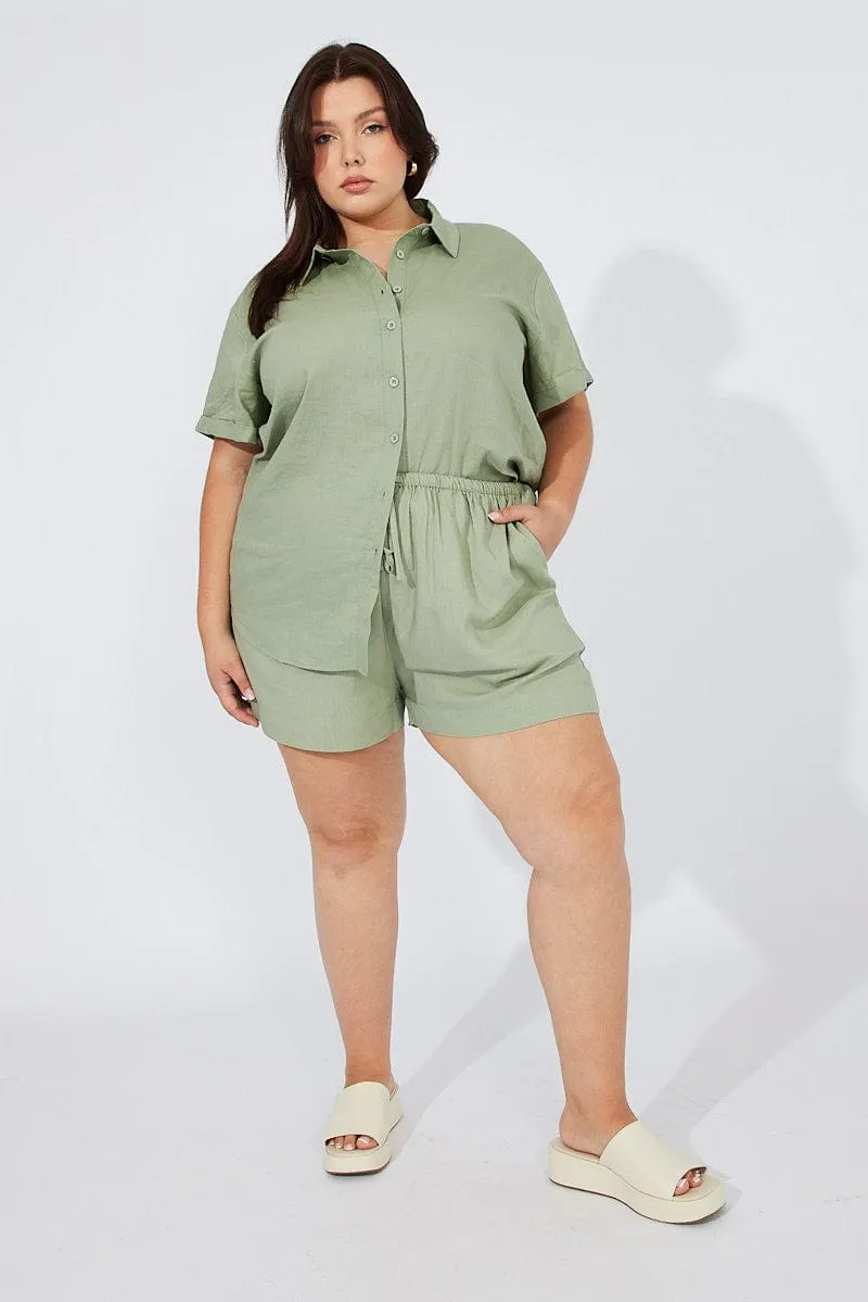 Green Shorts Mid Rise Linen Blend Warm Fashion TaglessCollar