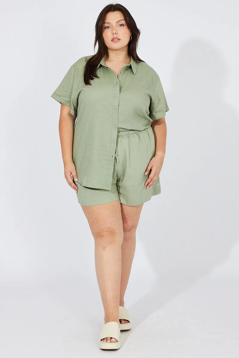 World Edge Green Shorts Mid Rise Linen Blend