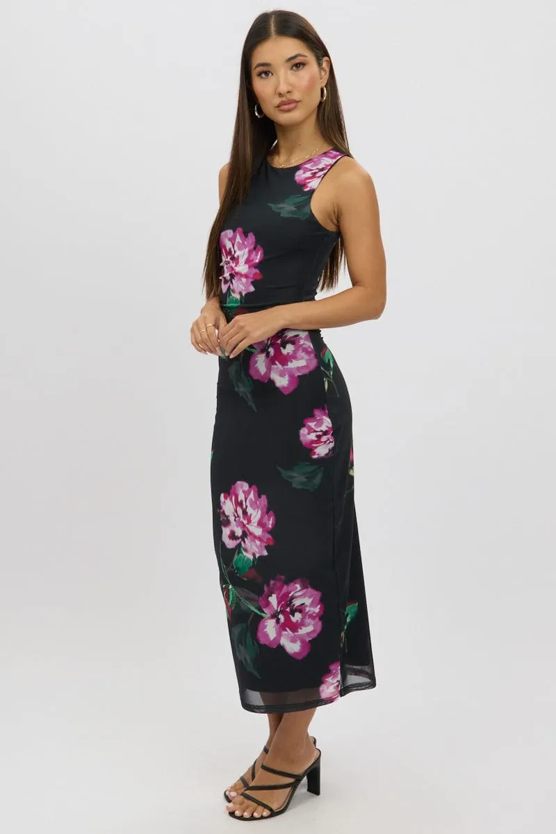 Black Floral Bodycon Dress Sleeveless Outdoor Shirt