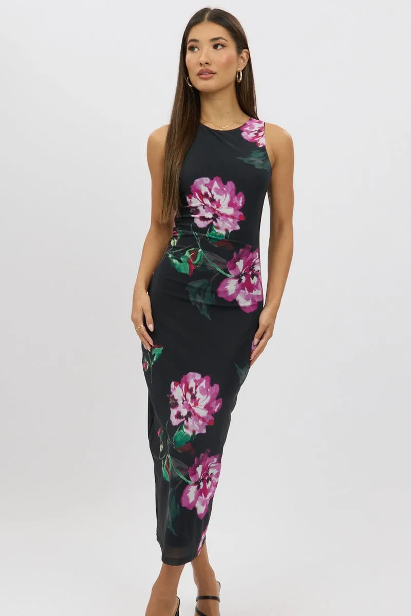 NonRestrictive Design Casual Outfit Black Floral Bodycon Dress Sleeveless