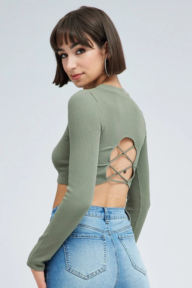 Lightweight Jacket Green Top Long Sleeve Round Neck String Back Seamless