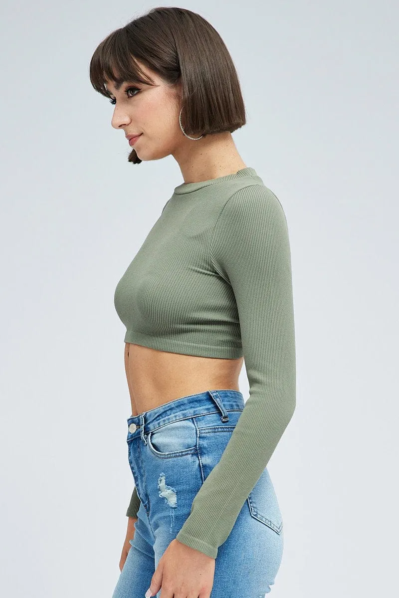 Forest Air Flexible Apparel Green Top Long Sleeve Round Neck String Back Seamless