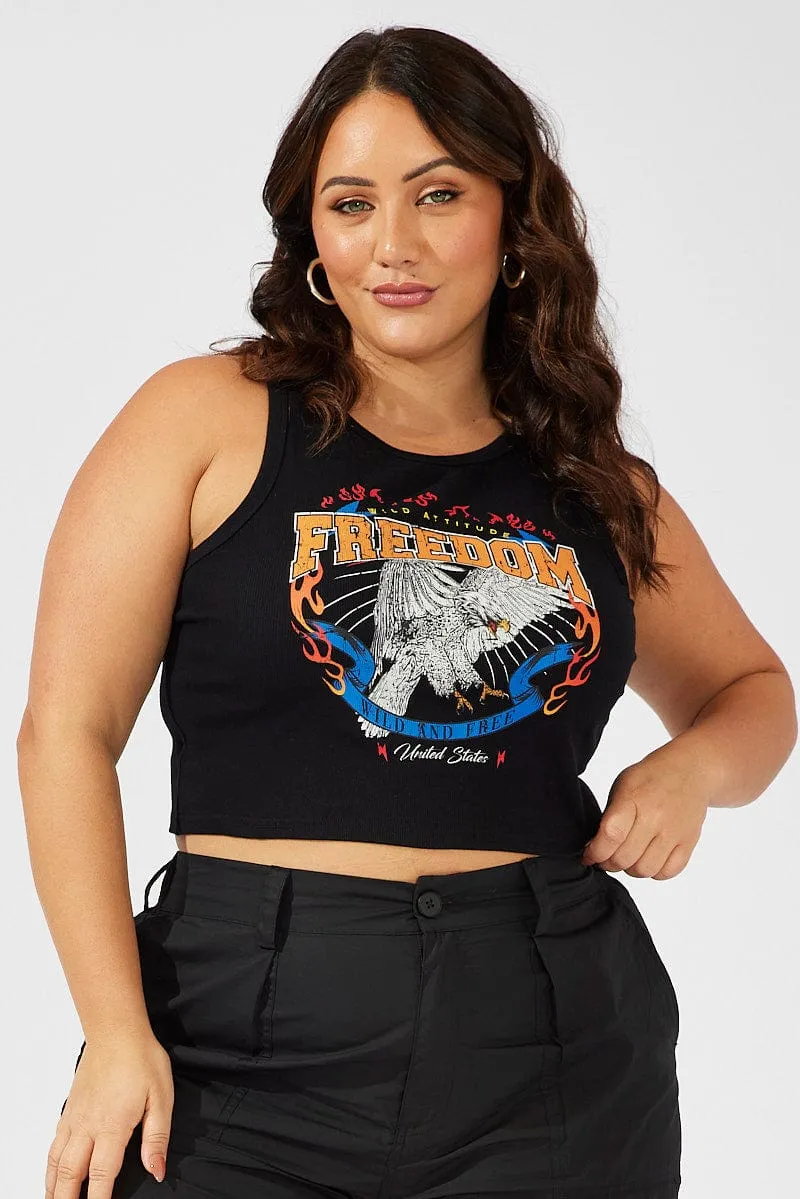 Black Graphic Tank Top Crew Neck Warm Layers FlexibleCollarDesign