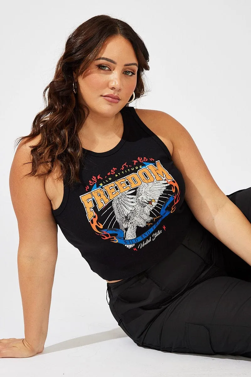 Cool Nylon Black Graphic Tank Top Crew Neck