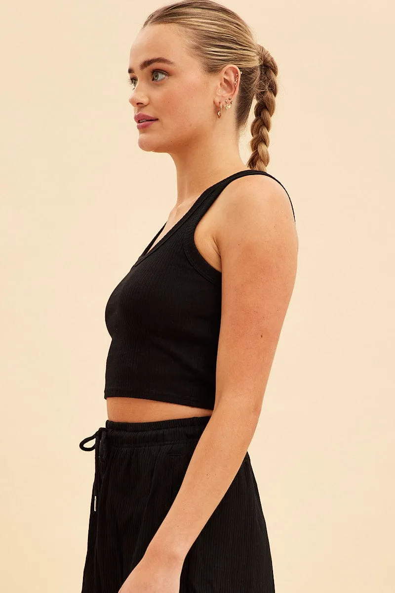 4Way Stretch Black Prea Scoop Neck Crop Rib Sleeveless Tank