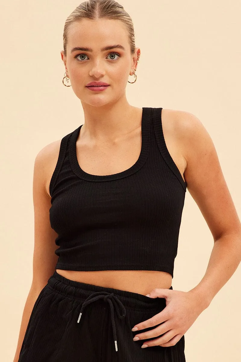 Black Prea Scoop Neck Crop Rib Sleeveless Tank Club Mode