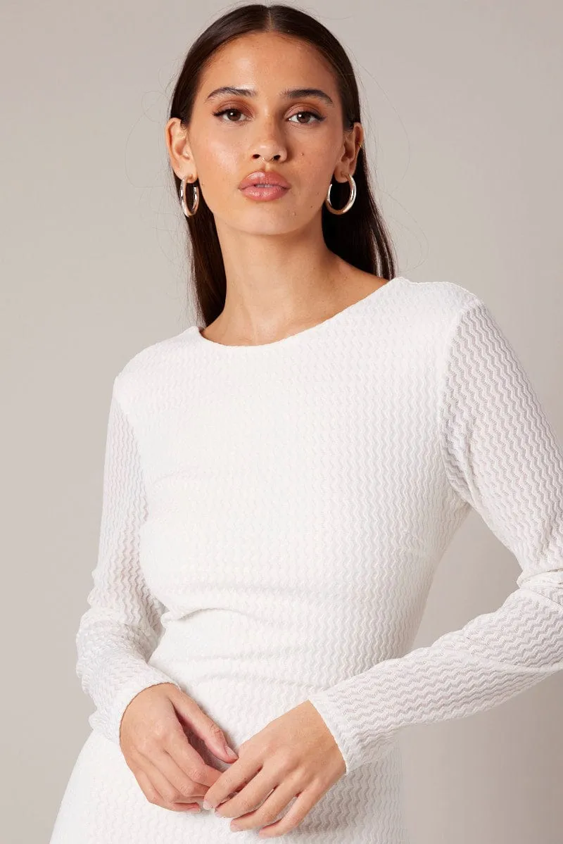 White Textured Dress Long Sleeve Loose Fit Cool Glow
