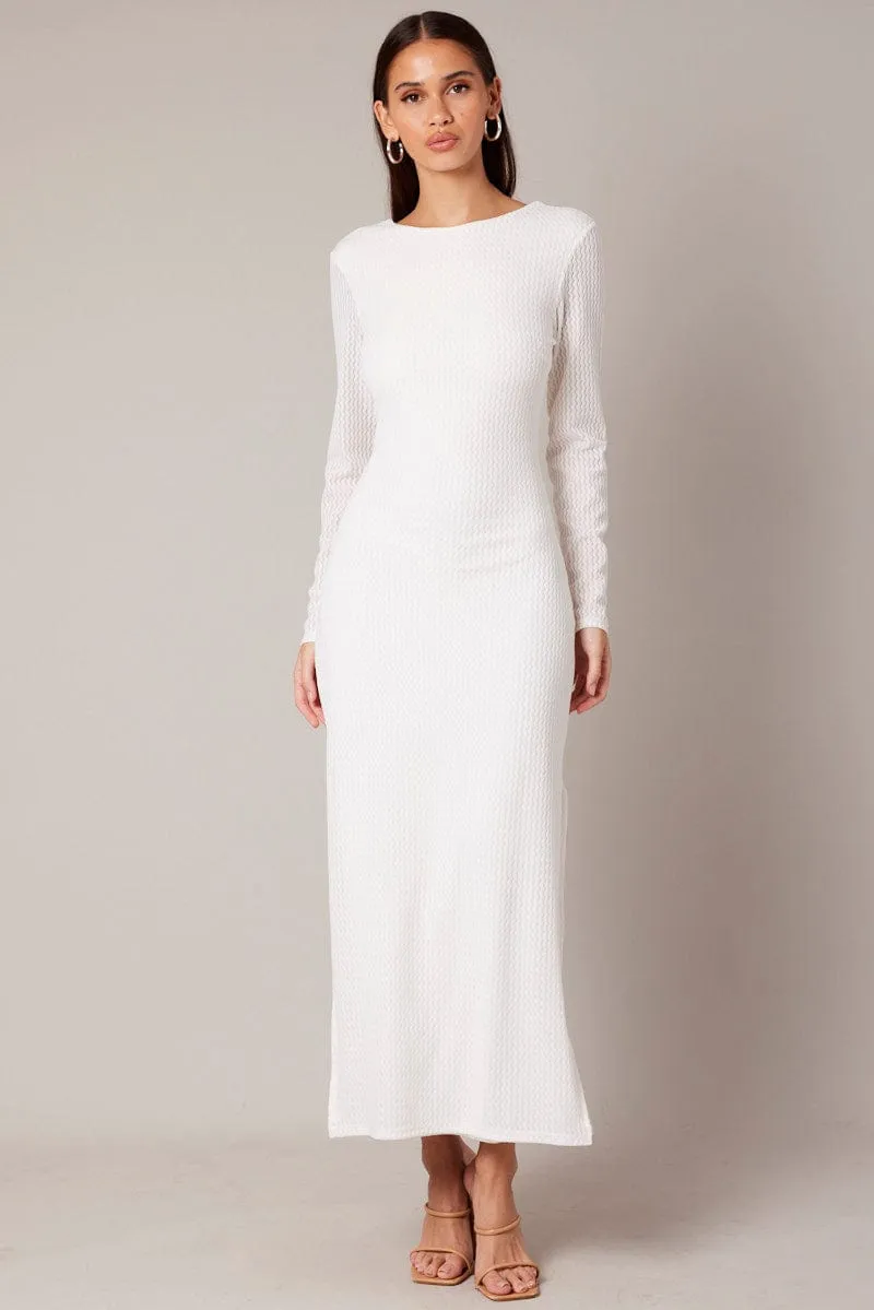 All-Season Wear Late Breeze White Textured Dress Long Sleeve