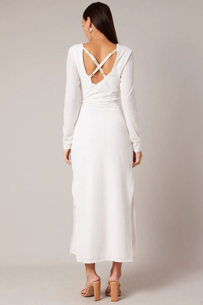 Busy Glow White Textured Dress Long Sleeve