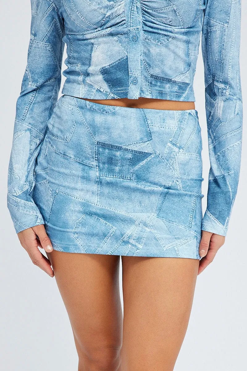 Fall Favorite Blue Print Mini Skirt Low Rise