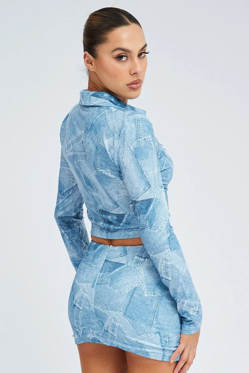 Flowy Drape Contemporary Brand Blue Print Mini Skirt Low Rise