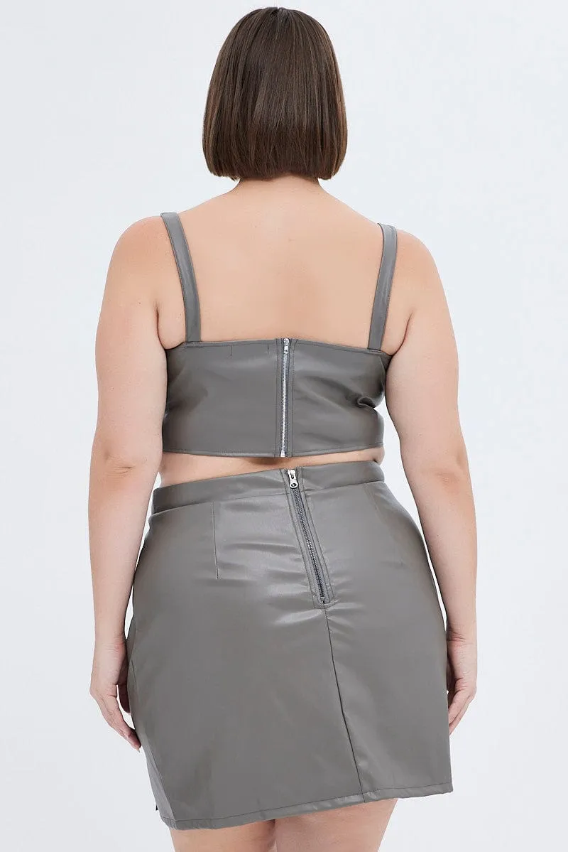 Stretch Waist Grey Mini Skirt Faux Leather
