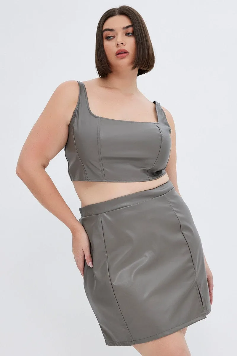 Grey Mini Skirt Faux Leather garden party