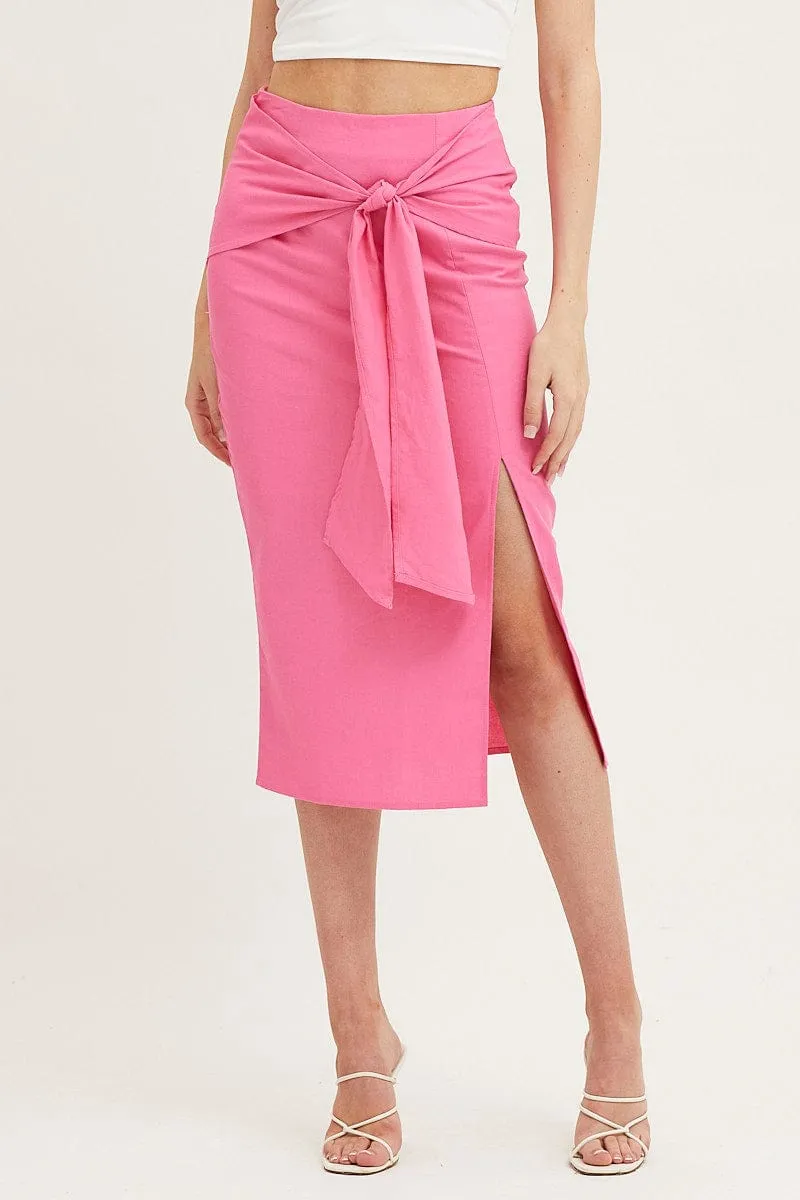 Pink Front Tie Midi Skirt Elasticized Hem Urban Fit