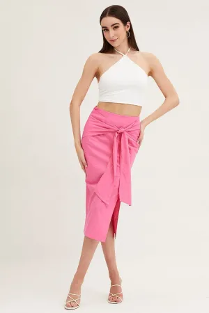 Travel Ready Pink Front Tie Midi Skirt
