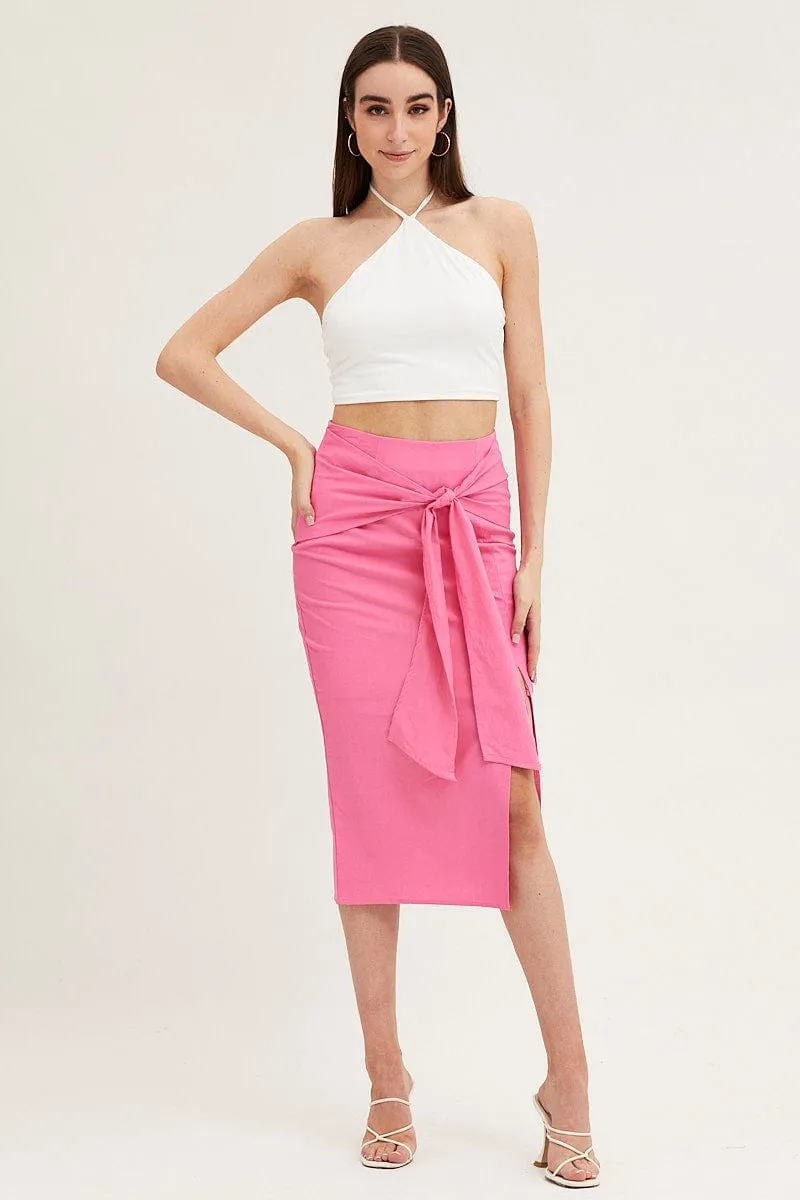 Autumn Stroll Pink Front Tie Midi Skirt