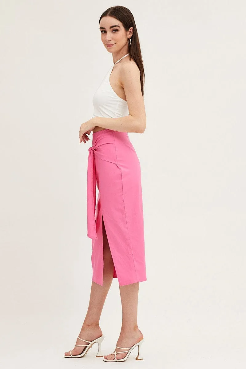 Pink Front Tie Midi Skirt Tapered Cut